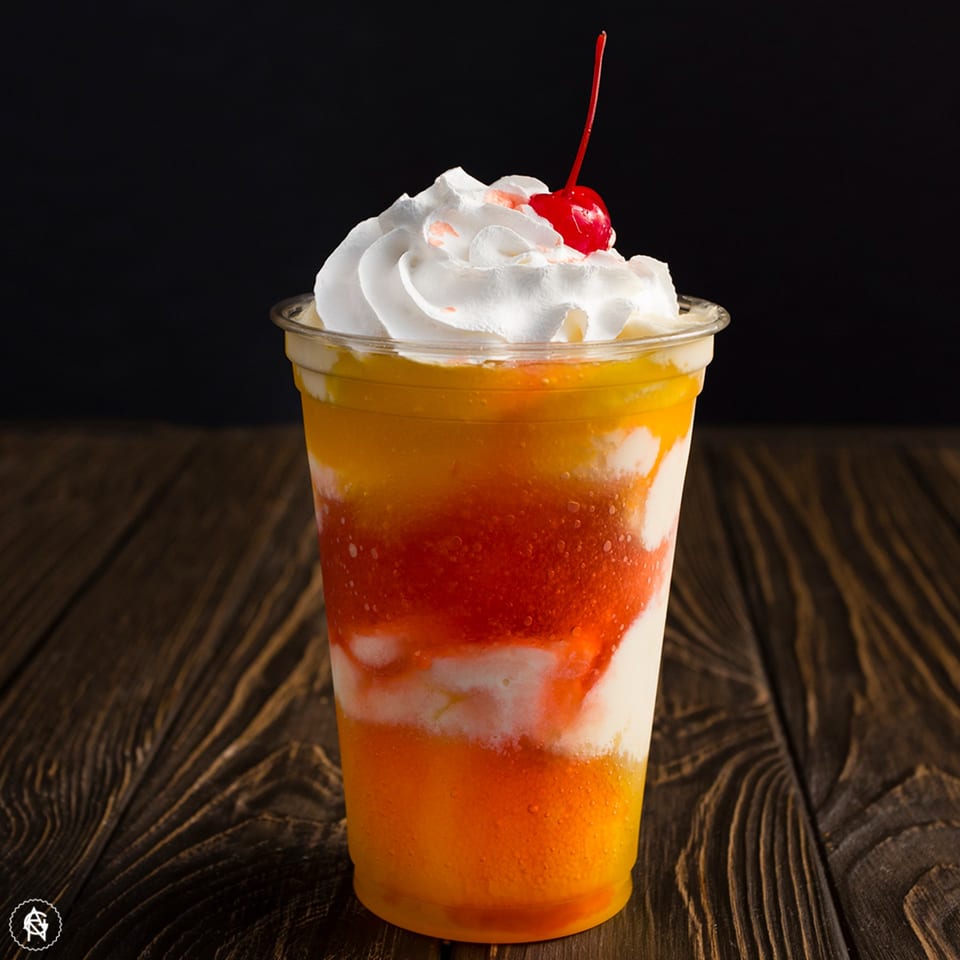 A vibrant layered fruit smoothie with whipped cream and a cherry on top, on a wooden table.