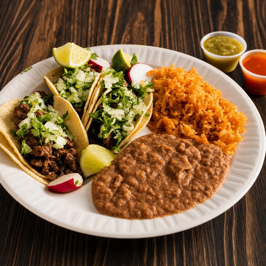 Tacos (3) Asada with Rice & Beans.